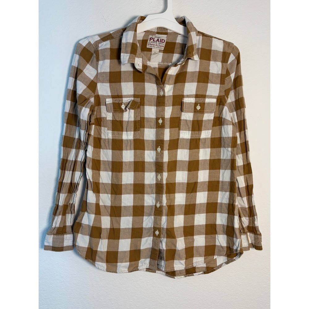 Old Navy Brown White Buffalo Plaid Flannel Button Down Shirt Womens‎ Medium